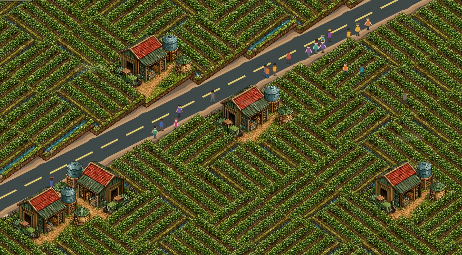 A SOLESIDO farming district divided by a road with pedestrians and farm buildings
