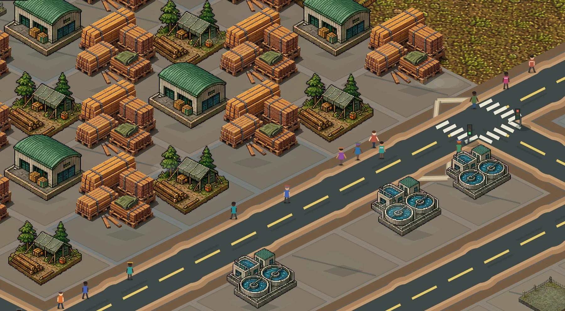 A SOLESIDO sawmill district with chimneys, timber yards and working vehicles